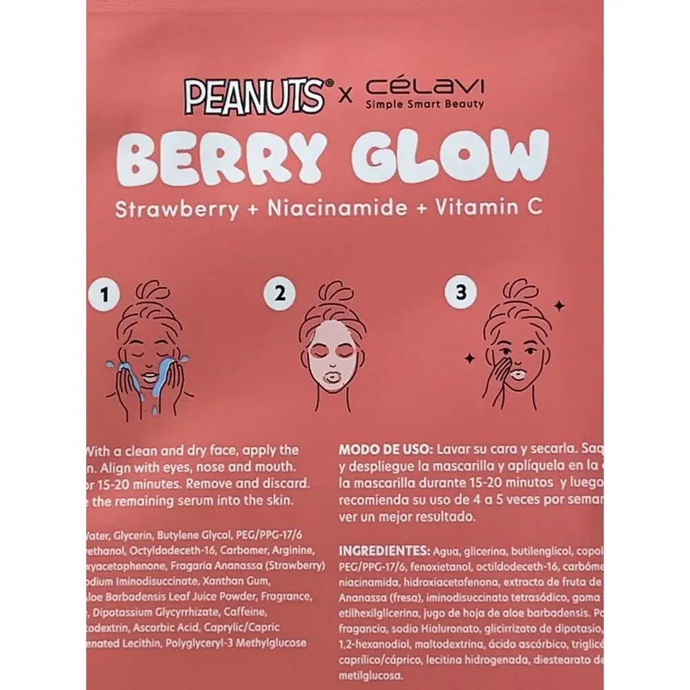 Peanuts x CelaVi Berry Glow Sheet Masks Snoopy Limited Edition NEW 5 Face Masks